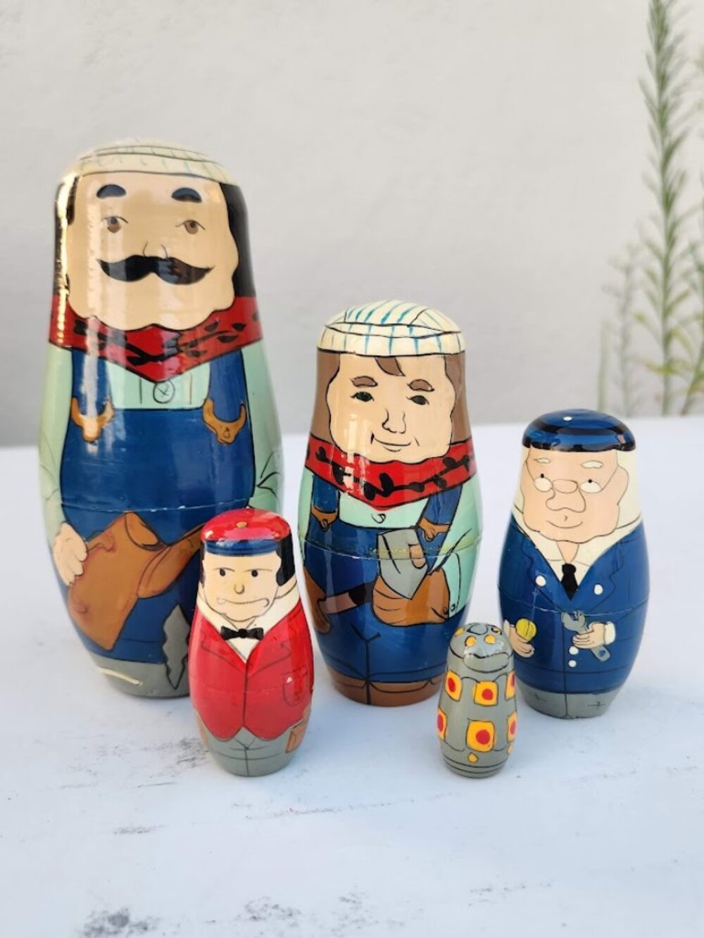 5 Hand-painted Wooden Russian Nesting Matryoshka Dolls Stacking Workers Handmade